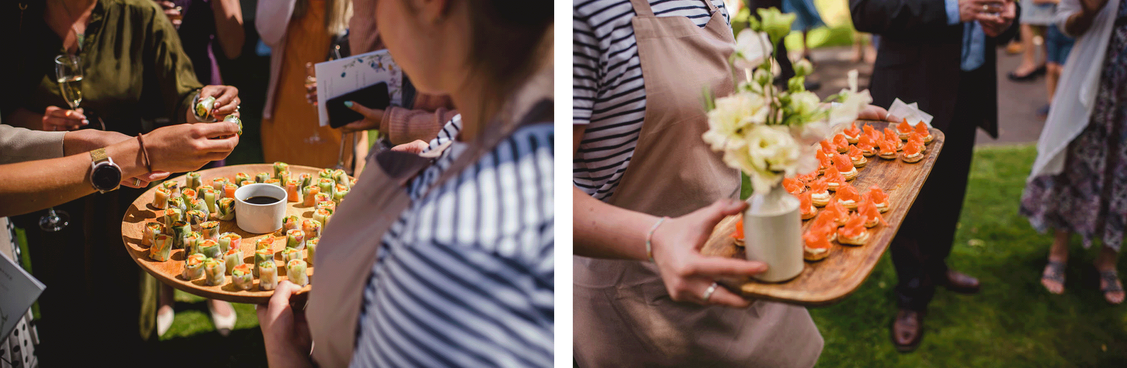 Catered appetizers at Chris & Emily's Surrey countryside wedding